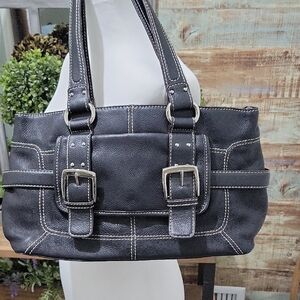 Sophia Caperelli | Black Leather Buckle Tote Shoulder Bag | Satin Leopard Lining